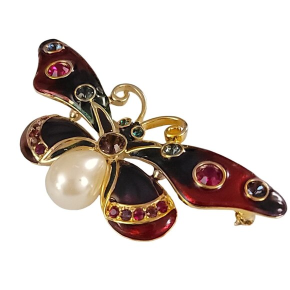 Joan Rivers Gold Tone Enamel Rhinestone Faux Pearl Butterfly Brooch, Signed K523 - Picture 2 of 9